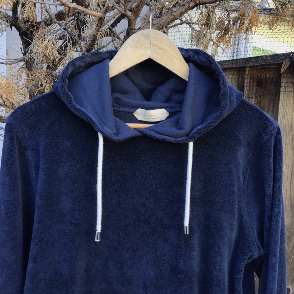 Aurélien Men’s Terry Hoodie Navy Blue Size M Smart Luxury Cotton Pullover - Picture 2 of 6
